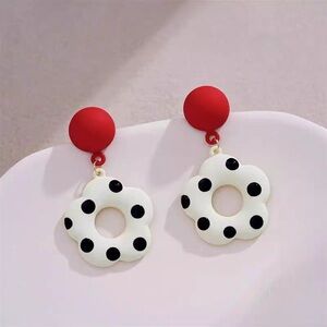 Red and White Polka Dot Flower Earrings